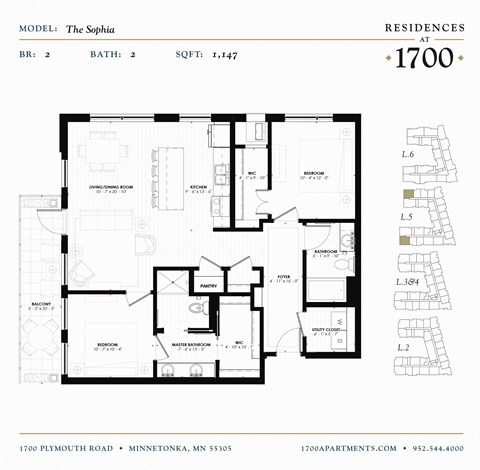 Floor plan for 2 beds, 2 baths, 1147 sqft